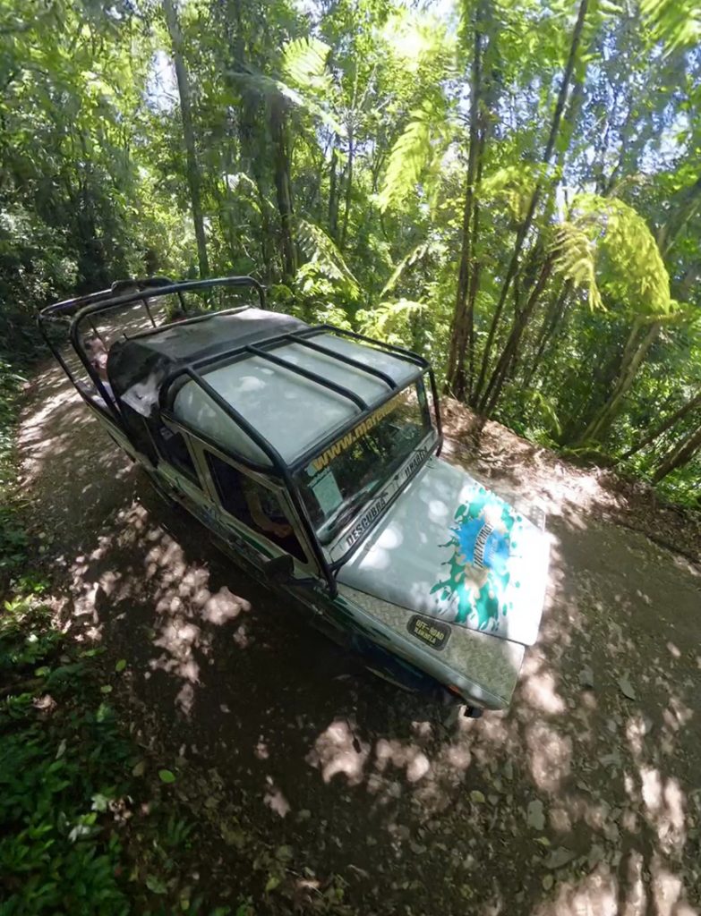 vista da trilha da estrada parque de Ilhabela para castelhanos com jipe na estrada em meio a floresta